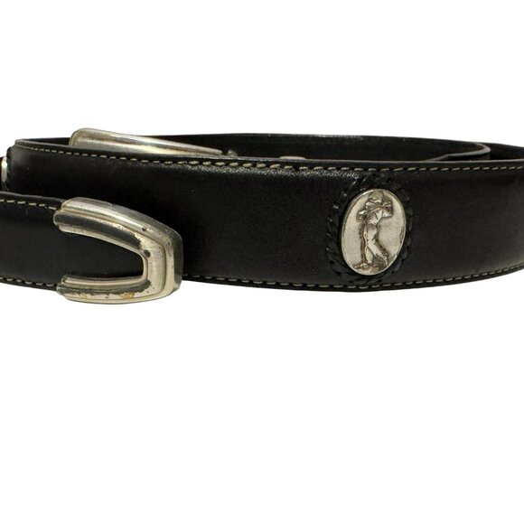 Brighton Onyx Mens Sz 38 Leather Belt with Silver Golf Studded Cartouch #10403 - Picture 1 of 6